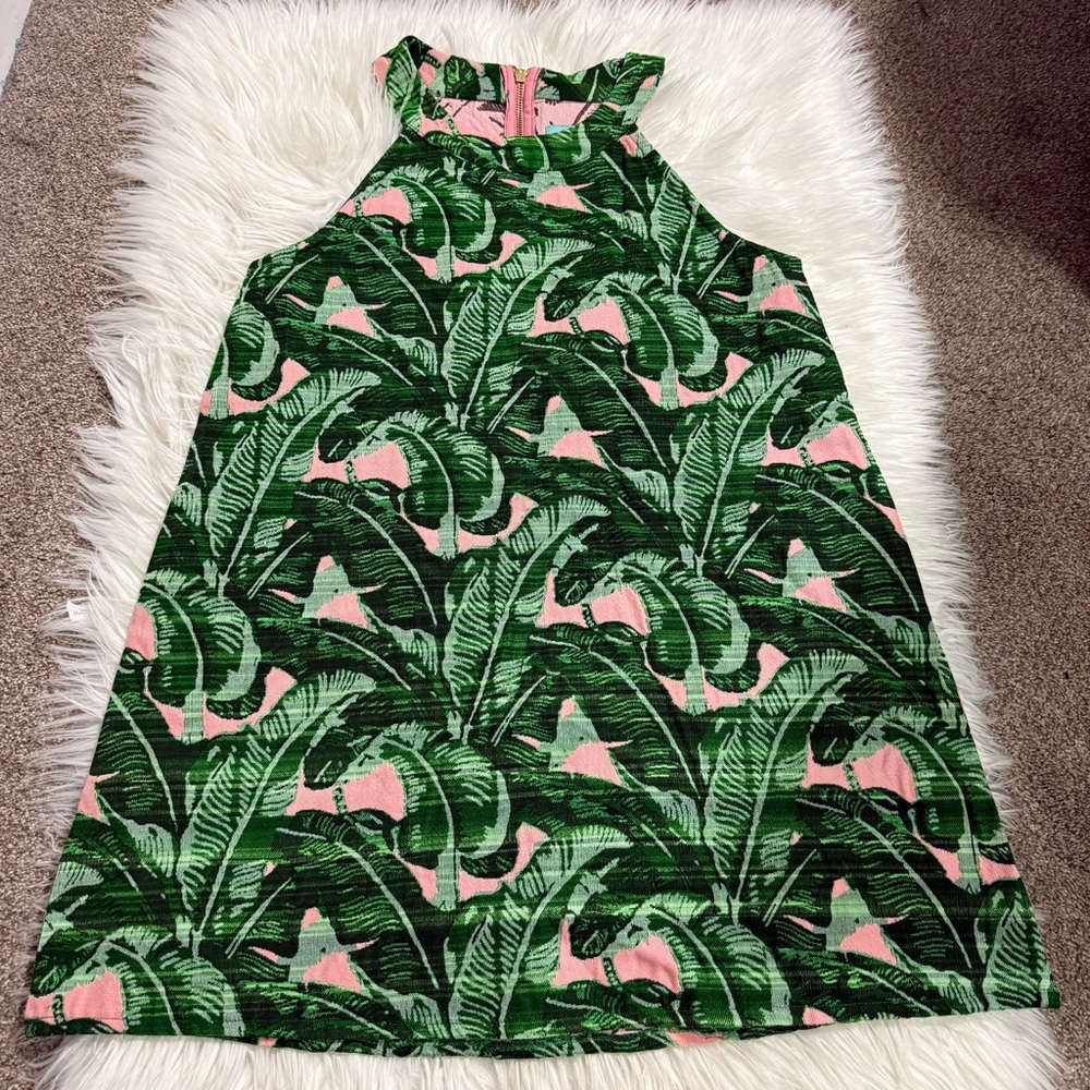 Judith March Lady of Summer palm print mini dress high neck green and pink large - Picture 4 of 13